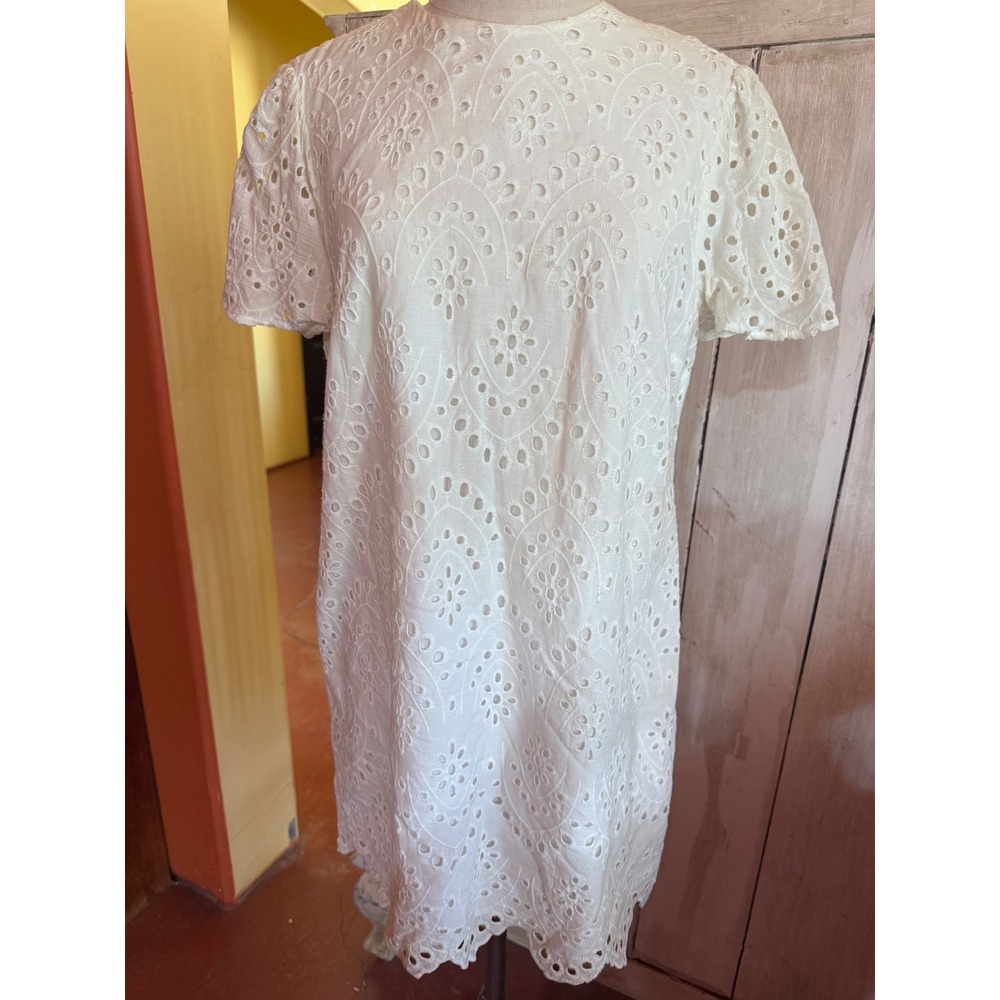 Zara Woman White Eyelet Cotton Mini Shift Dress Short Sleeve Embroidery Large